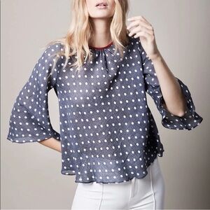 Smythe Bardot Blouse In Polka Dot Print Navy Blue Size XS